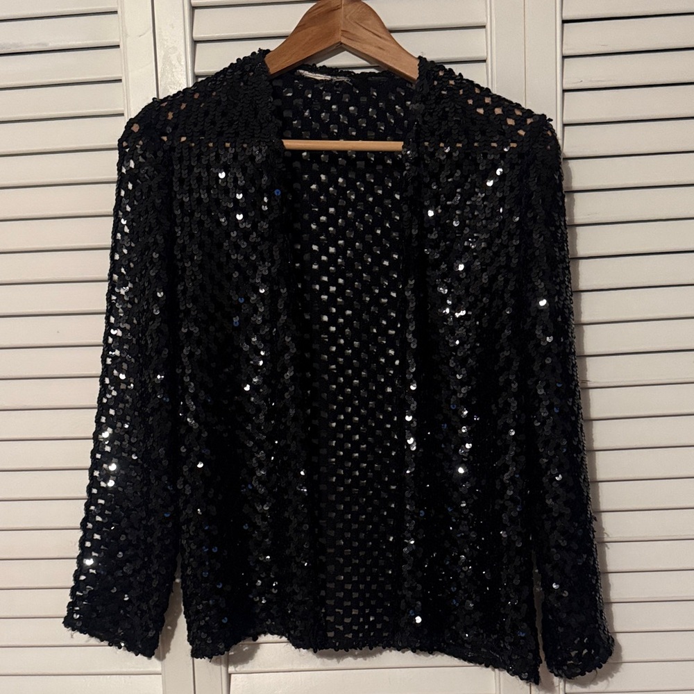Black Sequin Open-Front Cardigan